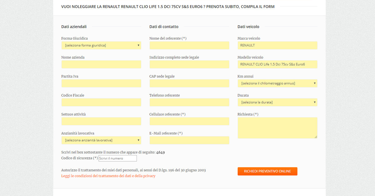Form richiesta informazioni su offerta noleggio lungo termine