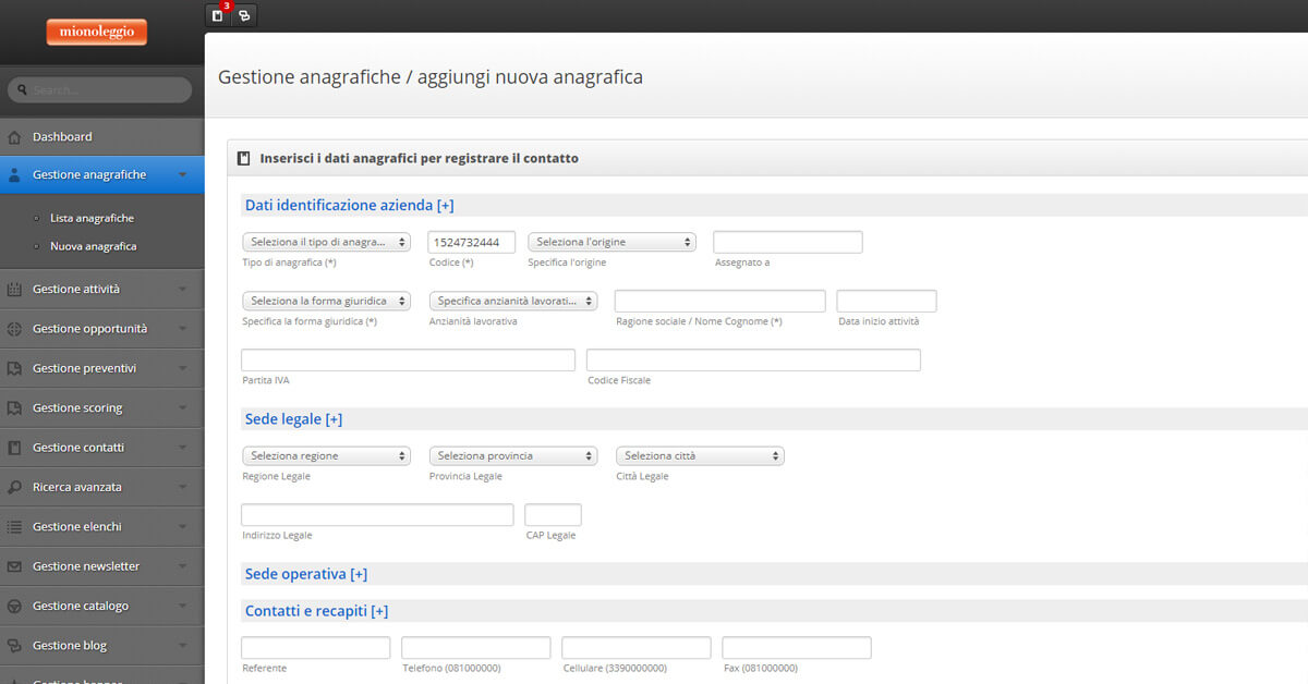 Aggiunta anagrafica sul crm di noleggio lungo termine