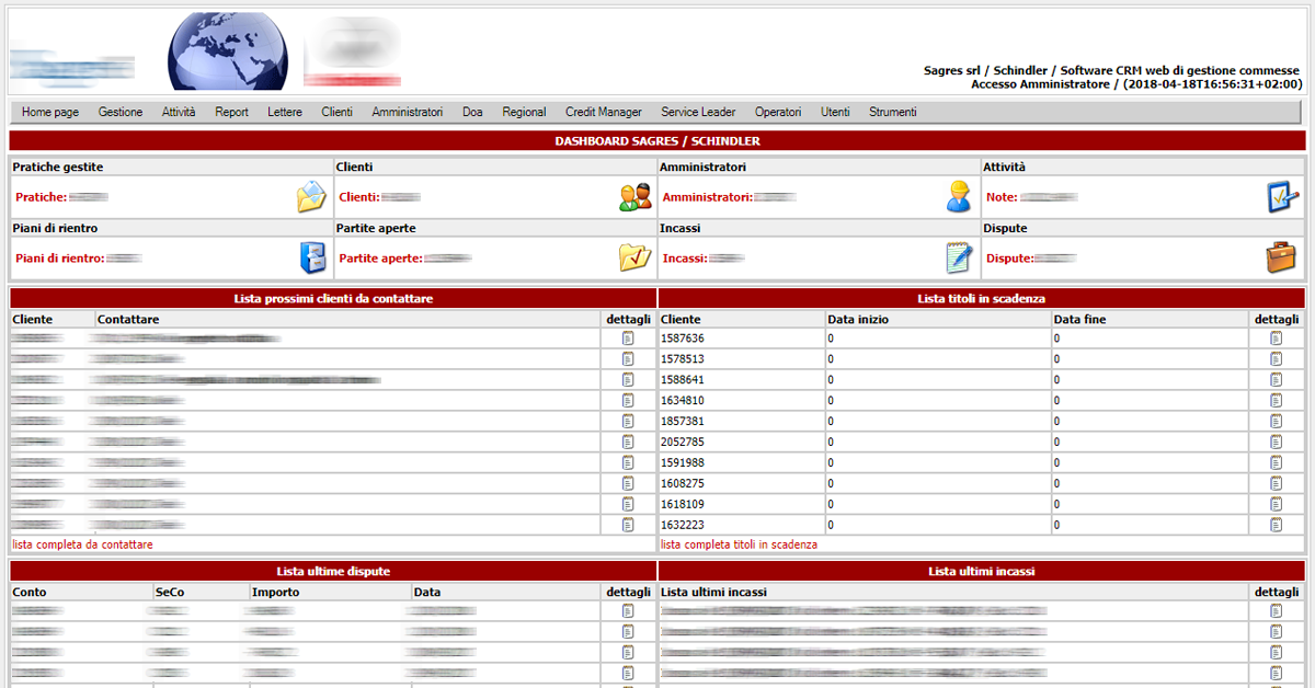 Schermata gestionale per commessa Schindler