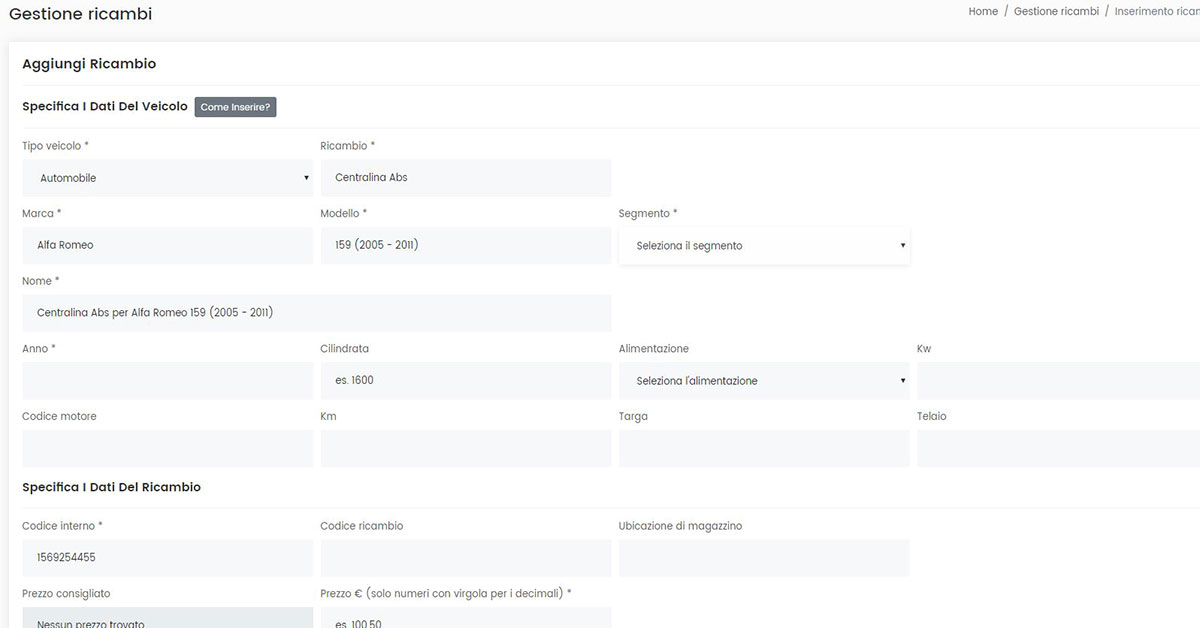 Piattaforma ecommerce per ricambi auto usati