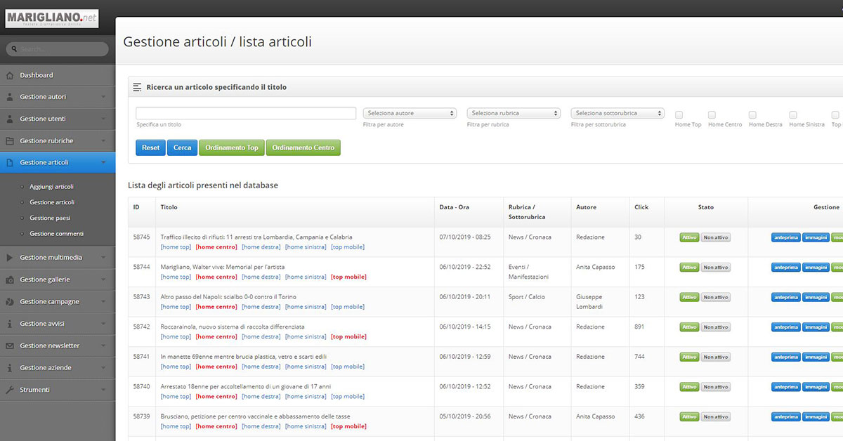 Gestione articoli dal cms