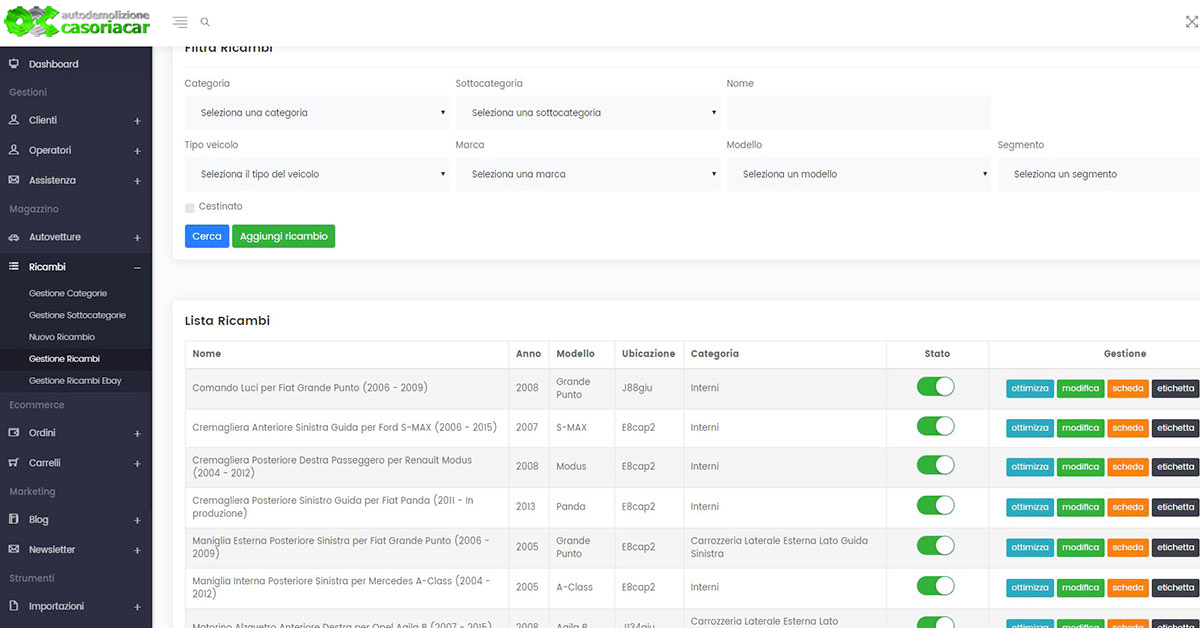 Piattaforma ecommerce per ricambi auto usati