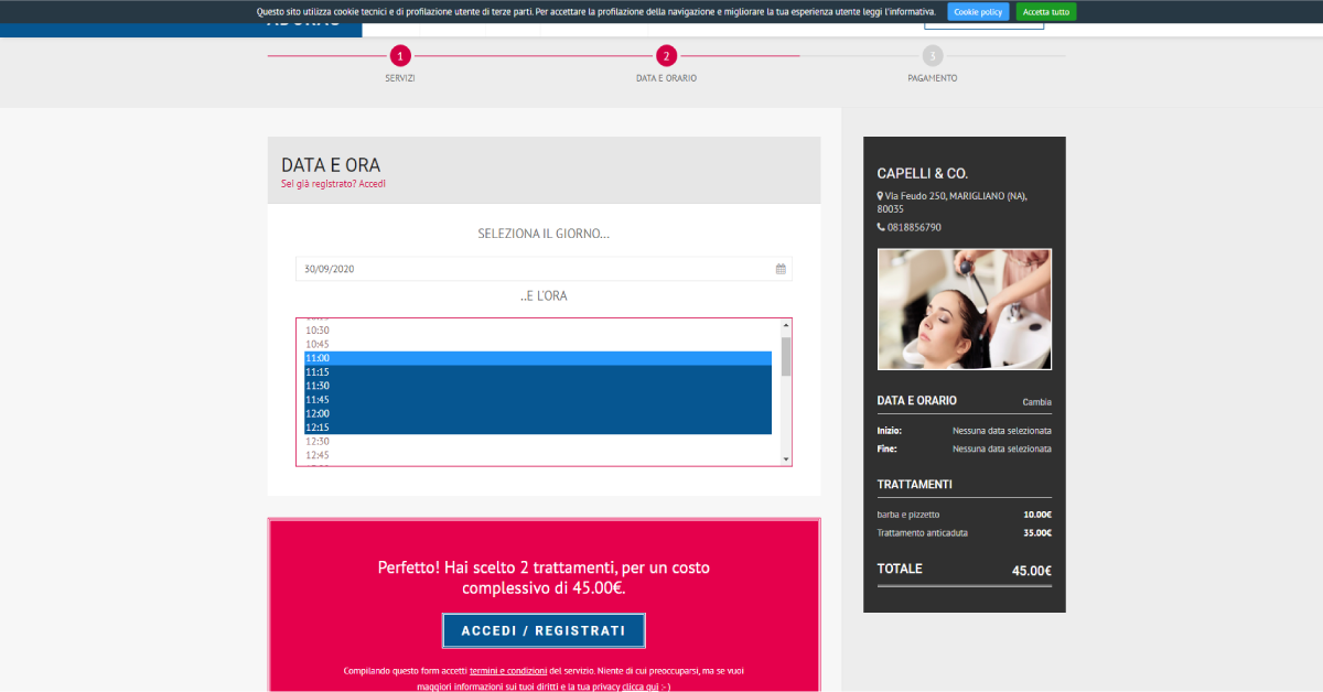 Scelta data e orario della prenotazione web dal parrucchiere o estetista