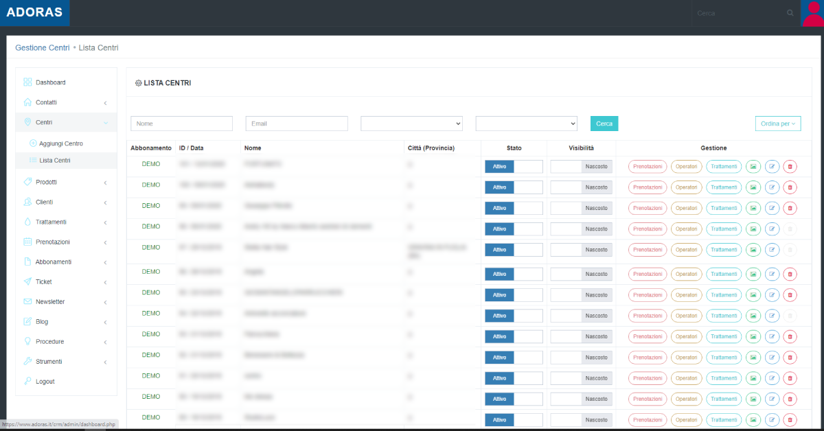 Lista e gestione centri inseriti in piattaforma