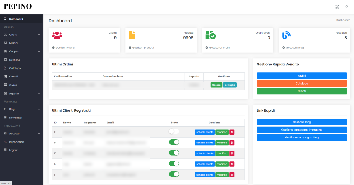 Pannello di controllo web dashboard