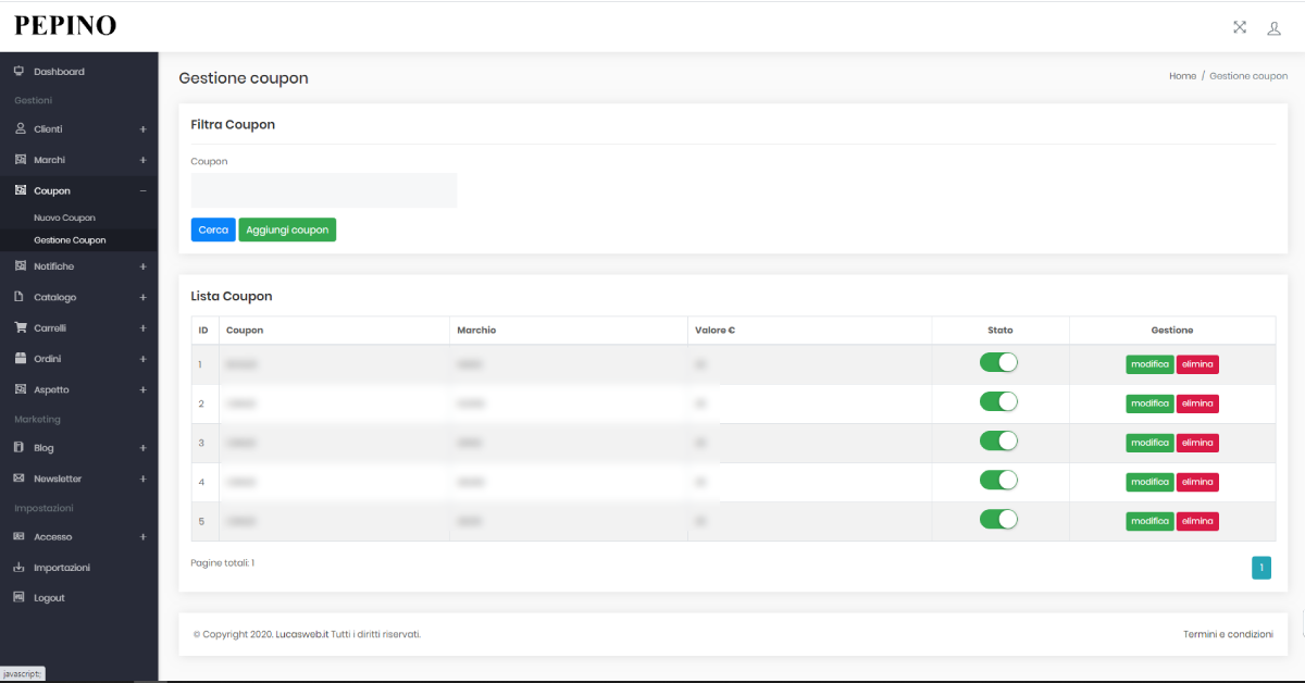 Pannello di controllo web gestione coupon sconto