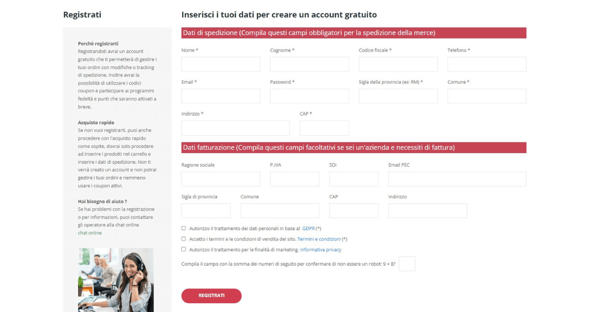Registrazione online rapida per acquisto