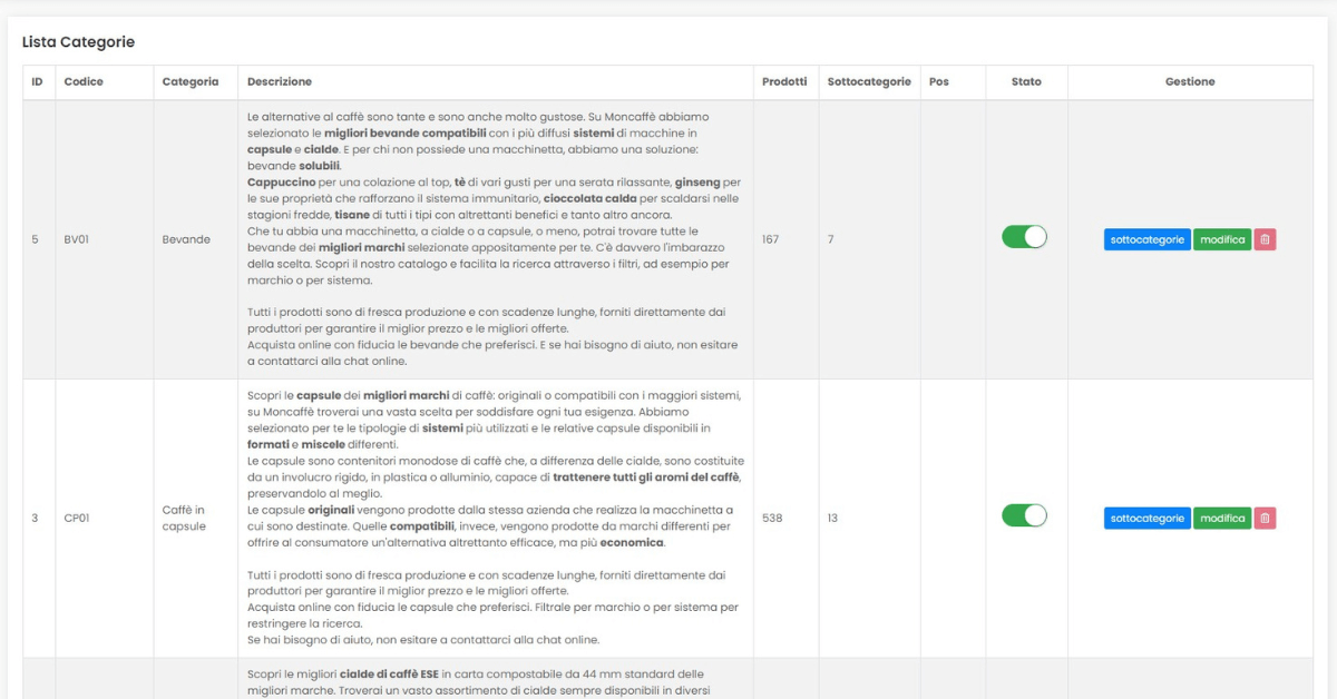Gestione categorie e sottocategorie dal pannello web