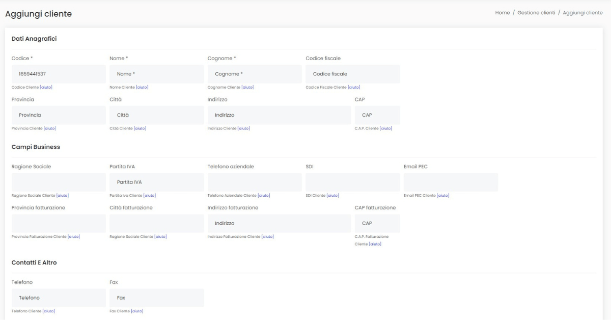 Inserimento cliente da pannello web