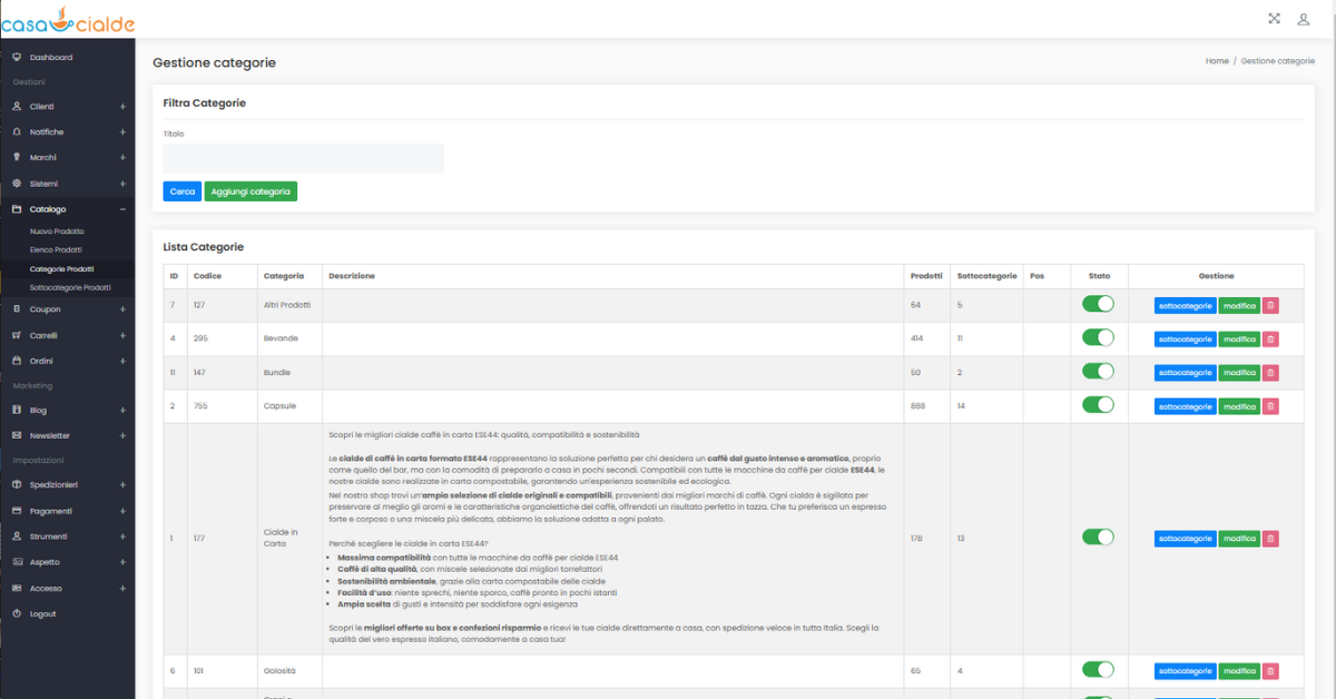 Sezione per la gestione delle categorie gestite sul sito web