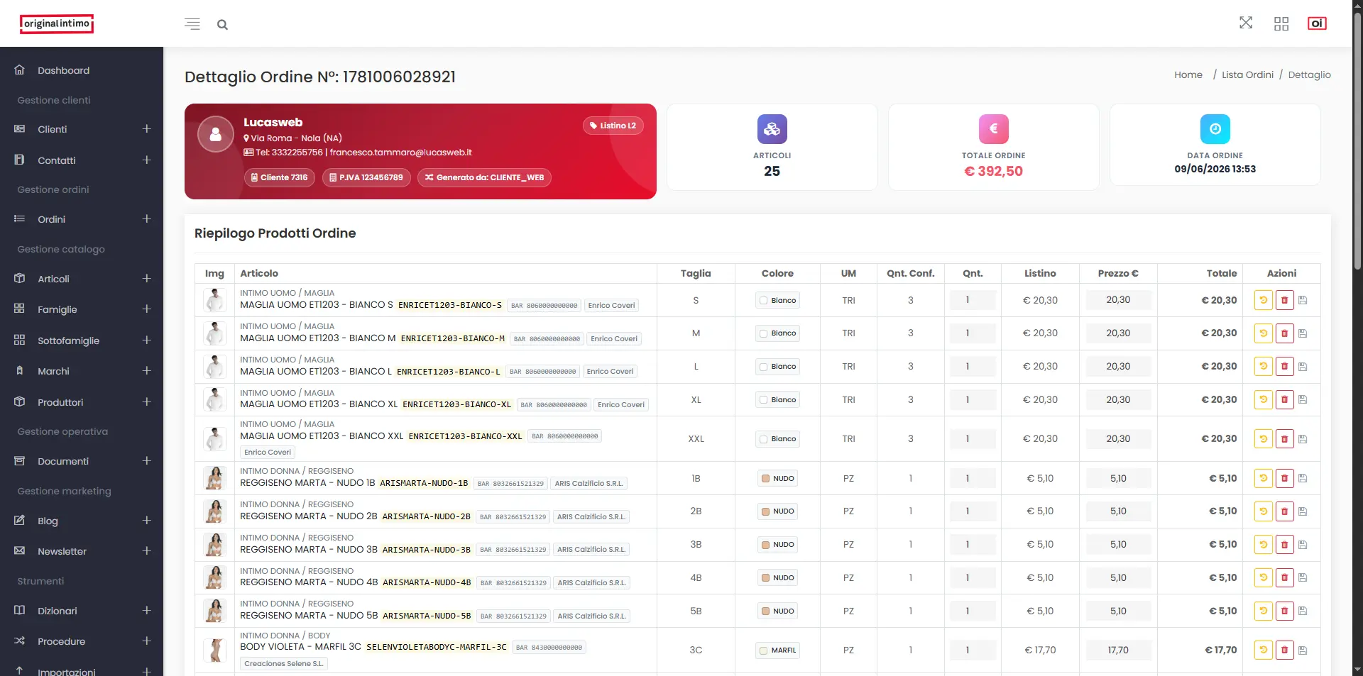 Gestione dettaglio ordine crm admin