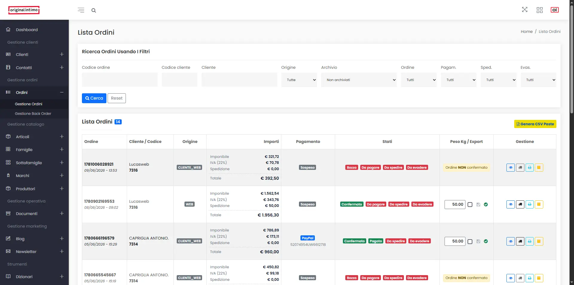 Gestione ordini lista crm admin