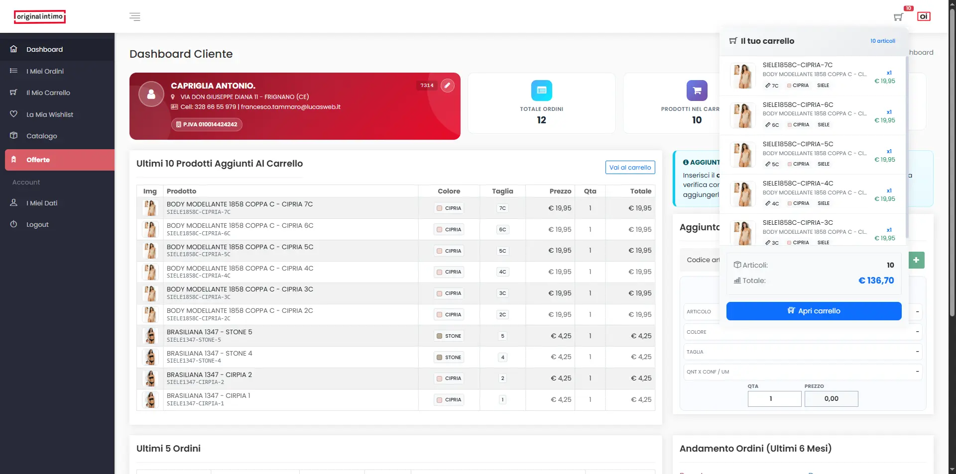 Gestione carrello cliente crm